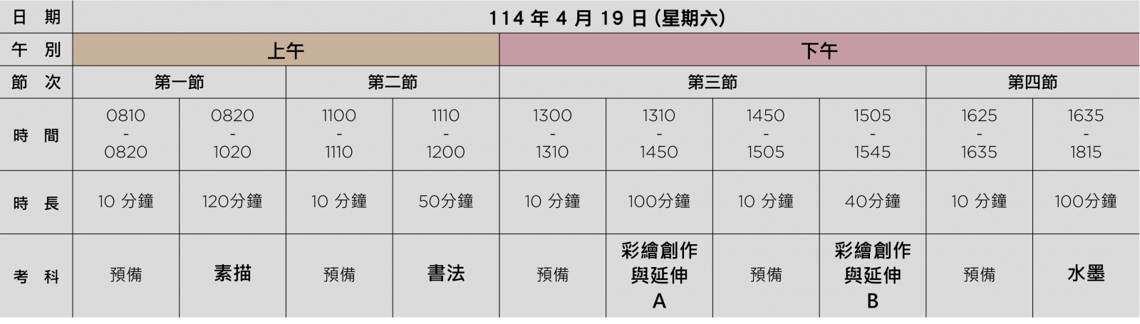 114學年度 高中美術班術科考試時程表